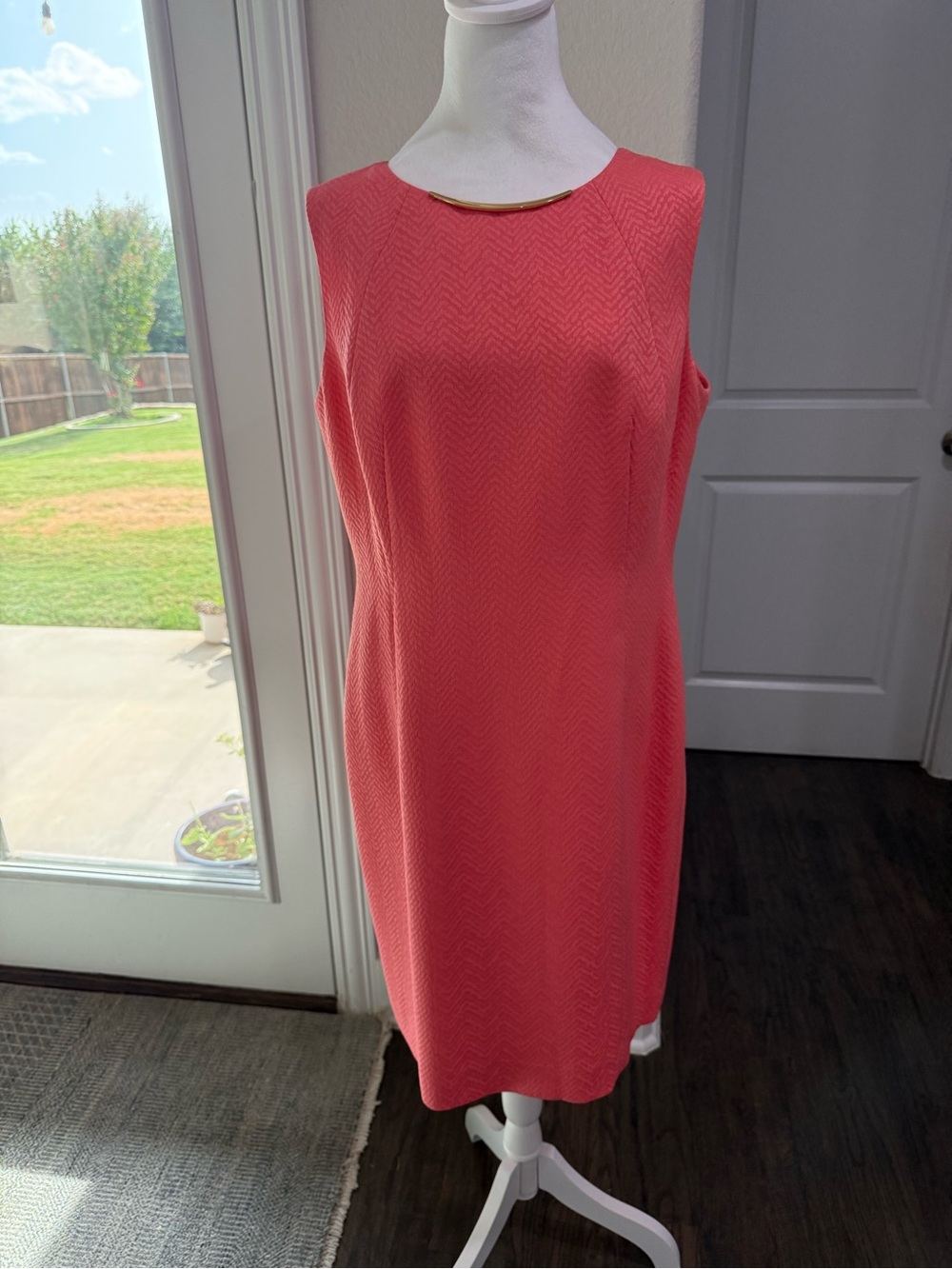 Tahari Sleeveless Coral Shift Dress with Gold Accent size 12